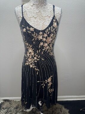 JKARA NEW YORK Black Midi Slip Dress with Gold Floral Sequin Embroidery